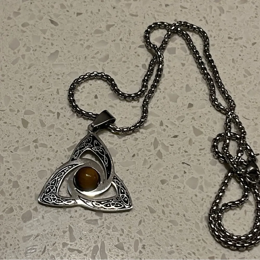 Viking Trinity Knot Necklace Stainless Steel Tiger Eye Witch‎ Irish Celtic